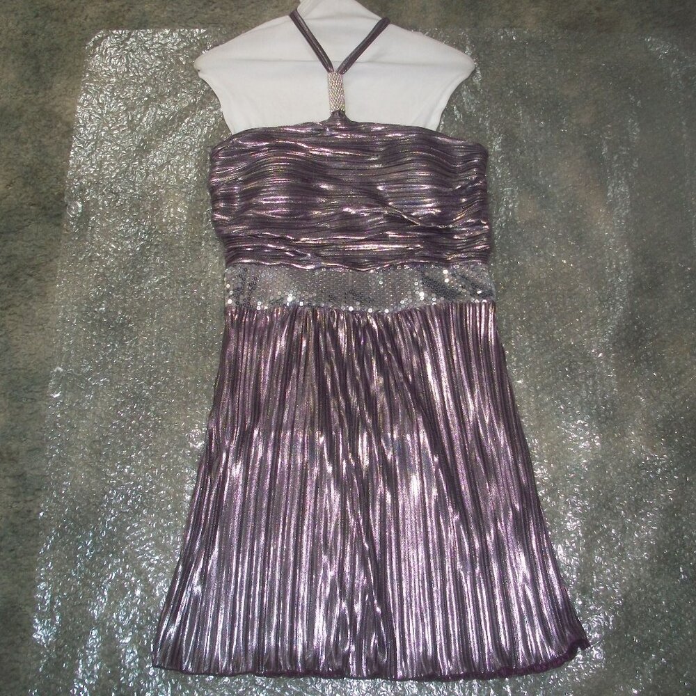 womens shiny dress.purple/silver.pleated.size large